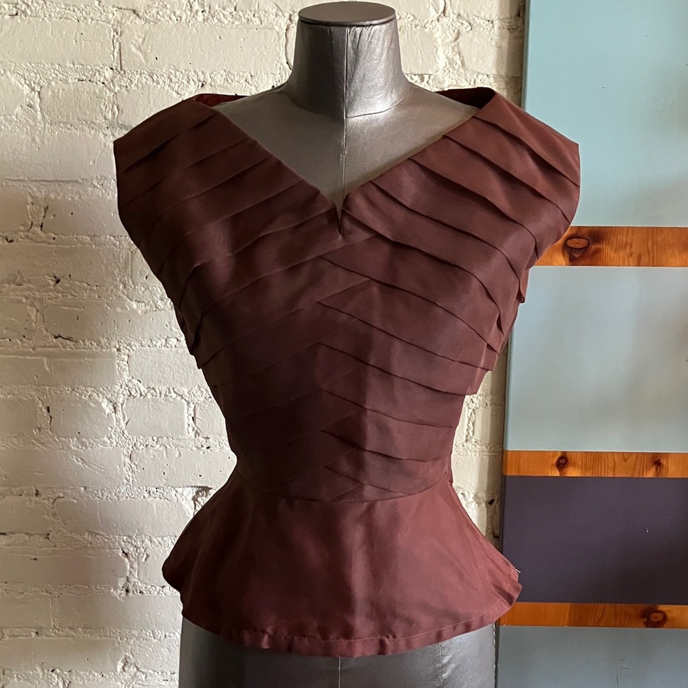 Vintage 50s diagonally tiered brown organza top size XS